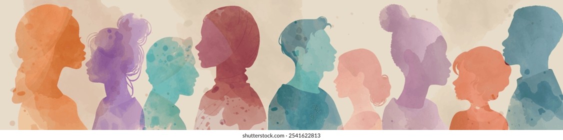 Side-view Silhouettes of Men and Women from Various Cultures. Multicultural People. Diversity Racial Equality Inclusion concept. Gender Equality. Community. Watercolors