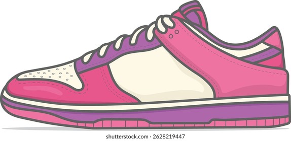 Ilustração de vetor de visão lateral de um tênis em cores lilás macias e lavanda. Ideal para marca de moda pastel, ativos de design digital e modelos de vestuário feminino.