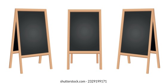 Sidewalk chalkboard. Outdoor restaurant blackboard with wood frame. Empty cafe texting easel vector isolated mockup. Chalkboard blank frame for menu restaurant billboard illustration