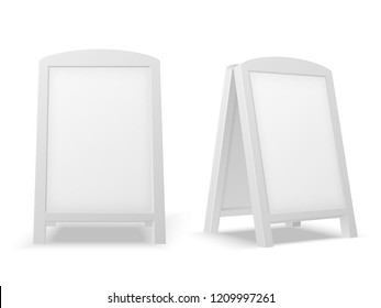 Sidewalk display board. Empty blank white advertising stand. Sale sign or street banner. 3d vector isolated mockup