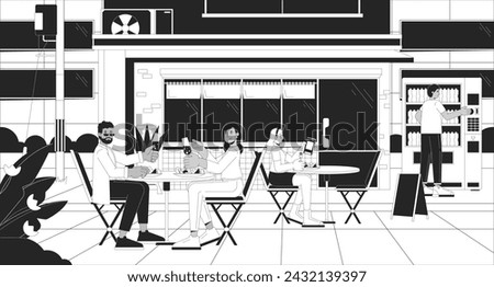 Sidewalk restaurant at evening black and white cartoon flat illustration. Dining couple, alone girl dinner 2D linear background. Downtown cafe. Lo fi vibes monochrome scene vector outline image