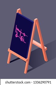 Sidewalk sign black chalk board. Isometric vector art illustration. Urban modern design.