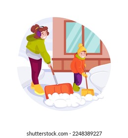 Sidewalk snow removal isolated cartoon vector illustration. Family removing snow from sidewalk near house, parent holding big spade, kid help with small shovel, winter routine vector cartoon.