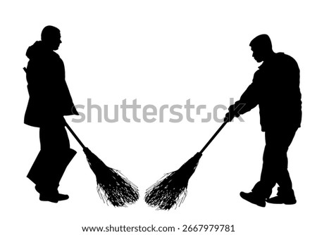 Sidewalk street cleaning team wit broom vector silhouette isolated. Male teamwork cleaner besom. Man floor care service washing. Outdoor clean job. Urban maintenance communal service washing floor.