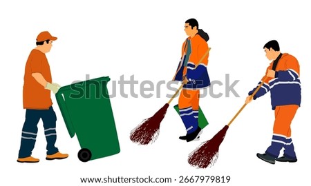 Sidewalk street cleaning team wit broom vector illustration isolated. Male teamwork cleaner besom. Man floor care service washing. Outdoor clean job. Urban maintenance communal service washing floor.