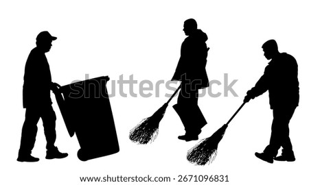 Sidewalk street cleaning team wit broom vector silhouette isolated. Male teamwork cleaner besom. Man floor care service washing. Outdoor clean job. Urban maintenance communal service washing floor.