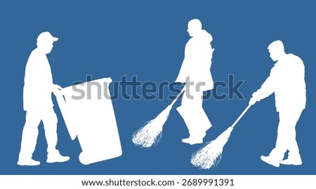 Sidewalk street cleaning team wit broom vector silhouette isolated. Male teamwork cleaner besom. Man floor care service washing. Outdoor clean job. Urban maintenance communal service washing floor.