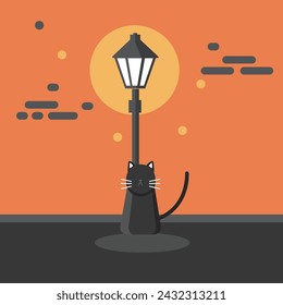 Sidewalk of a street in gray color and orange walls at night with a lantern illuminating a small cat underneath it, casting a circular grayish shadow below