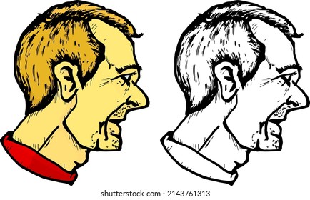 Sideway mugshot of male human head, isolated against white. Hand drawn vector illustration.