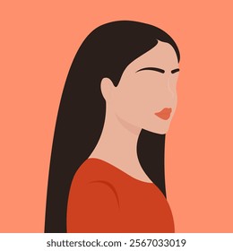 sideway woman portrait, black straight hair woman illustration, flat style vector