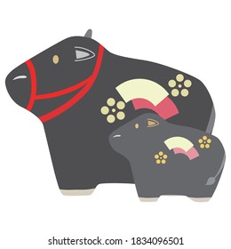 Sideways black-haired cow parent and child icon illustration.