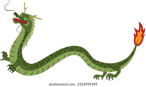 Sideways green dragon full body illustration. 