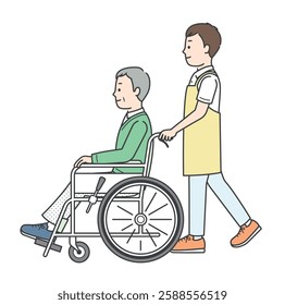 A sideways illustration of an elderly man in a wheelchair and a young man assisting him