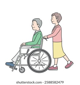 A sideways illustration of an elderly man in a wheelchair and an elderly woman assisting him