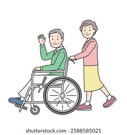 A sideways illustration of an elderly man in a wheelchair waving his hand and an elderly woman assisting him