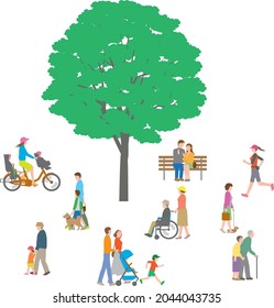 Sideways illustration of men and women of all ages taking a walk