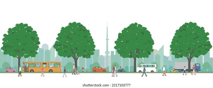 Sideways illustration of skyscrapers and residential pedestrians and cars