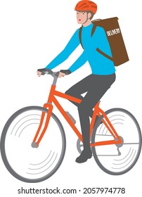 Sideways illustration of a young man riding a bicycle delivery
