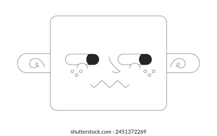 Sideways looking shy black and white 2D vector avatar illustration. Embarrassed smile outline cartoon character face isolated. Nervous expression. Ashamed side eyes flat user profile image, portrait