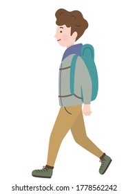 Sideways man walking with a backpack.Vector illustration.Vector illustration.