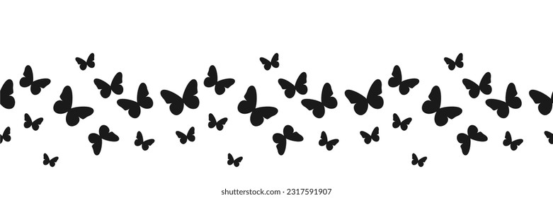 Sideways seamless pattern of simple butterfly silhouette elements isolated on a white background