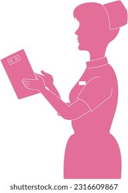 Sideways silhouette whole body of a nurse who holds a chart