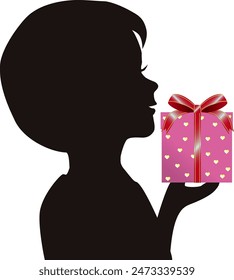 Sideways upper body silhouette of a girl holding a gift box