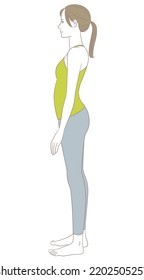 A sideways woman standing in a bent-back posture