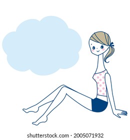 A sideways young woman sitting in a camisole and shorts.