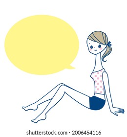 A sideways young woman sitting in a camisole and shorts.