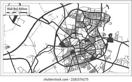 Sidi Bel Abbes acerca el mapa de la ciudad de Argelia en estilo retro en color blanco y negro. Mapa de esquema. Ilustración vectorial.