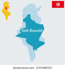 Sidi Bouzid Tunisia Map and Flag - Sidi Bouzid Governorate Capital, Central Landlocked Province and Olive Region Vector Outline