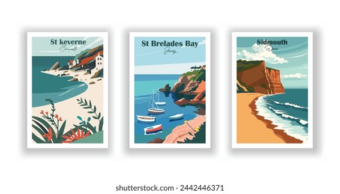 Sidmouth, Devon. St Brelades Bay, Jersey. St keverne, Cornwall - Set of 3 Vintage Travel Posters. Vector illustration. High Quality Prints