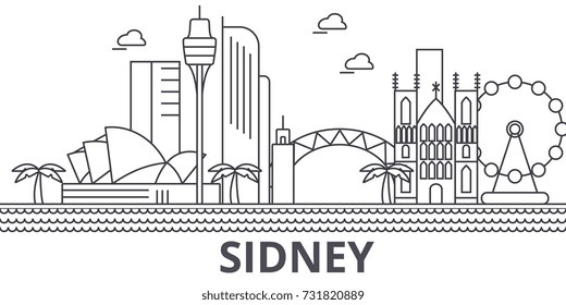 Sidney architecture line skyline illustration. Linear vector cityscape with famous landmarks, city sights, design icons. Landscape wtih editable strokes