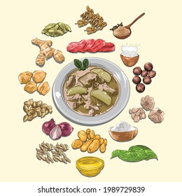 Sie Masak Puteh And Ingredients Illustration, Sketch And Vector Style, Traditional Food From Aceh, Good to use for restaurant menu, Indonesian food recipe book, and food content.