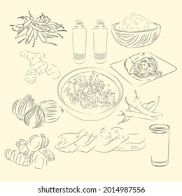 Sie Reuboh And Ingredients Illustration Sketch Style, Traditional Food From Aceh, Good to use for restaurant menu, Indonesian food recipe book, and food content.