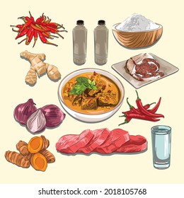 Sie Reuboh And Ingredients Illustration, Sketch And Vector Style, Traditional Food From Aceh, Good to use for restaurant menu, Indonesian food recipe book, and food content.