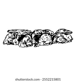 O Sieben Steinhäuser. Grupo de cinco dolmens perto de Fallingbostel, Alemanha. Estrutura de pedra neolítica. Desenhado à mão linear rabiscar esboço bruto. Silhueta em preto e branco.