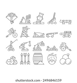 Iconos de Colección de catapulta del motor de asedio Set Vector. Arma Antigua Y Núcleos, Lanzador De Flechas Y Torre De Asedio, Trebuchet Y Destructor De Gancho Ilustraciones De Contorno Negro