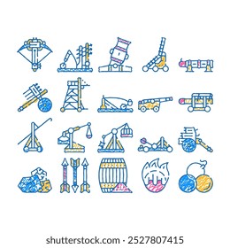 Iconos del doodle de la catapulta del motor de asedio Vector del sistema. arte de la línea del bosquejo Armas y núcleos antiguos, lanzador de la flecha y torre de asedio, trebuchet y destructor del gancho Ilustraciones de color