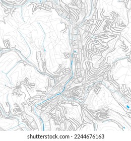 Siegen, North Rhine-Westphalia, Germany high resolution vector map with editable paths. Bright outlines for main roads. Use it for any printed and digital background. Blue shapes and lines for water.