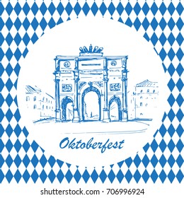 Siegestor in Munchen, Germany. Sketch. Isolated on white background and typical germany ornament  