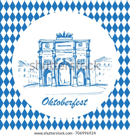 Siegestor in Munchen, Germany. Sketch. Isolated on white background and typical germany ornament  