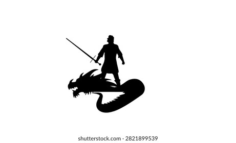 Siegfried slays the dragon, black isolated vector silhouette