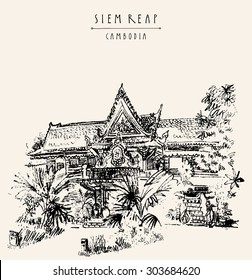 Siem Reap, Cambodia. Hotel in traditional Khmer architectural style. Tropical plants, trees. Vector vintage touristic postcard with grungy artistic hand drawing and "Siem Reap Cambodia" hand lettering