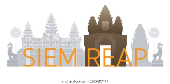 Siem Reap, Cambodia Skyline Landmarks with Text or Word, Famous Place and Historical Buildings, Travel and Tourist Attraction