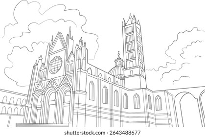 Siena Cathedral Line Art Illustration, Detailed black and white line art illustration of the Siena Cathedral (Duomo di Siena) in Tuscany, Italy. This drawing captures the iconic Gothic architecture