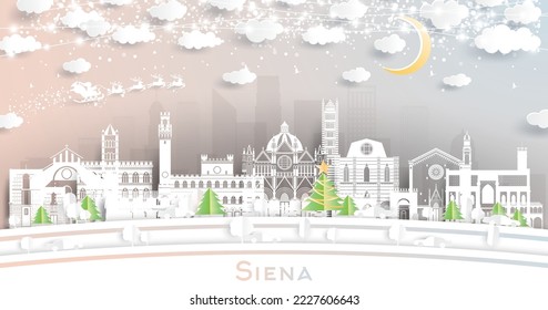 Siena Tuscany Italy City Skyline in Paper Cut Style with Snowflakes, Moon and Neon Garland. Vector Illustration. Christmas and New Year Concept. Santa Claus on Sleigh. Siena Cityscape with Landmarks.