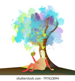 Sience concept art, Sir Isaac Newton is sitting under the tree and holding an apple. Law of Universal Gravitation.