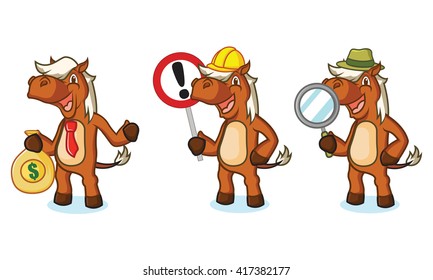 Sienna Horse Mascot with magnifying, money and sign